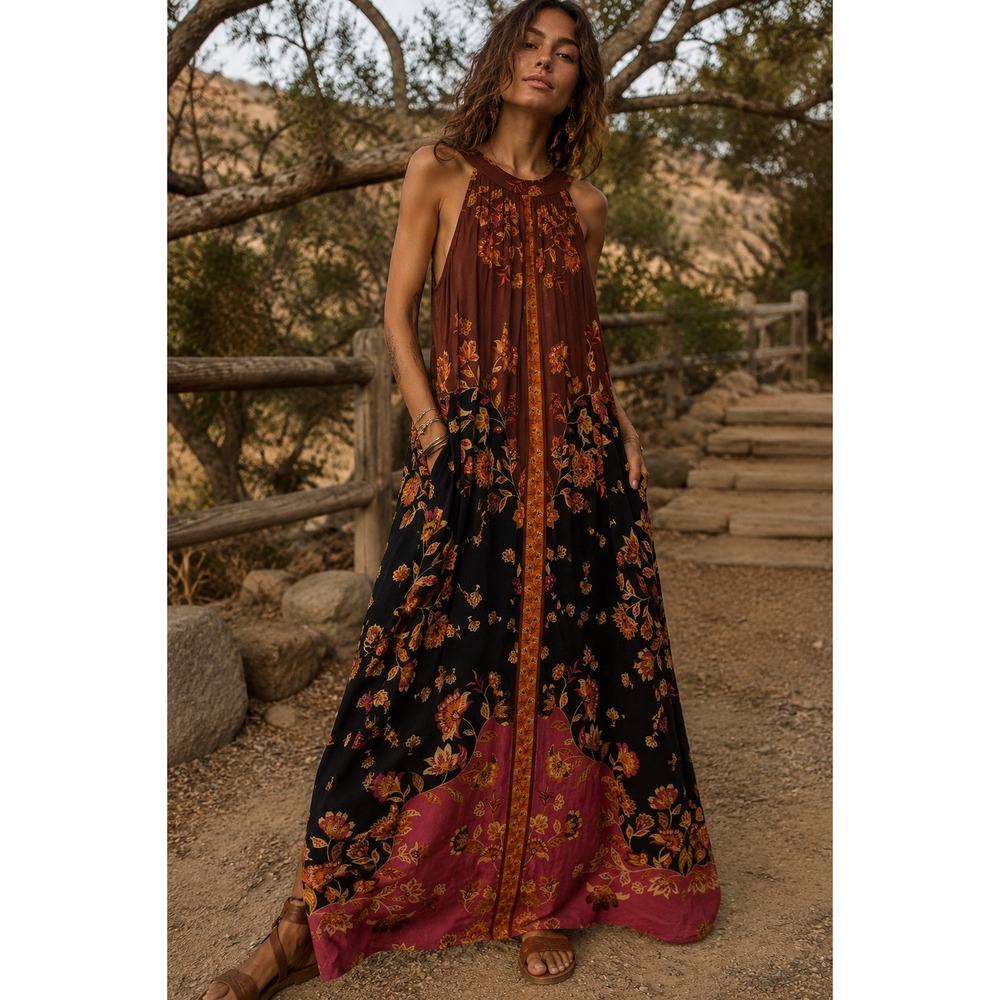 MSK Womens Halter Maxi Dress Small Rust Black Pink Floral Border Print Boho